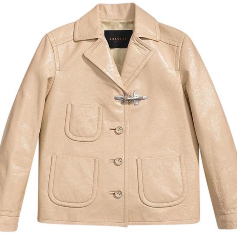 COACH patent leather jacket Sand beige Fireman style NWOT XS - Picture 2 of 3